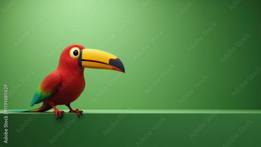 Poster crimson red toucan on left. soft white background. copy space for text, 3d render ai generated desig
