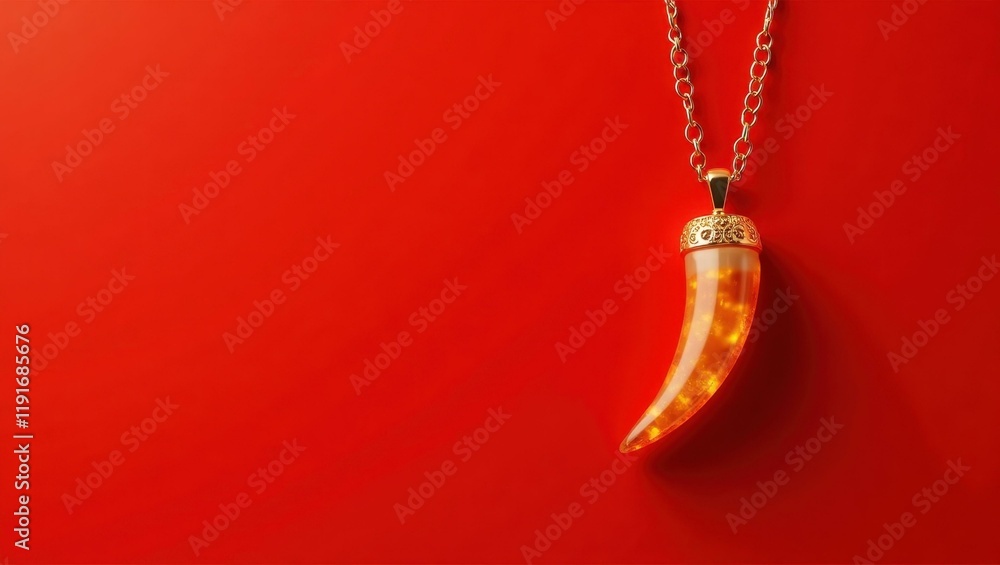 Poster amber saber tooth pendant on left. soft green background. copy space for text, 3d render ai generate