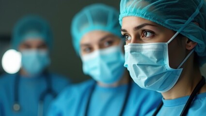 Medical Teamwork. Female doctors with blue scrubs surgical masks healt