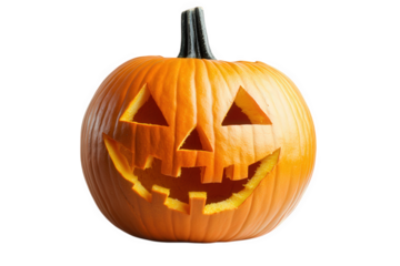 carved pumpkin. traditionally known as a jack-o'-lantern. with a cheerful face the pumpkin is bright orange with a green stem. showcasing triangular eyes and a wide. toothy grin it symbolizes hallowee