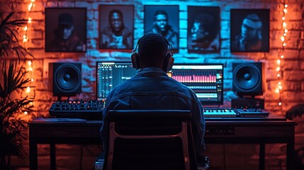 Home studio designed for hip hop production featuring a sampler drum machine and turntable with posters of legendary rappers on the walls and colorful lighting setting the mood