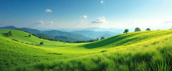 Obraz premium Lush Green Rolling Hills Under Clear Blue Sky Evoking Serenity and Connection to Nature