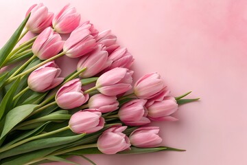 Fototapeta premium Beautiful bouquet of pink tulips arranged on a soft pink background for spring decor. Copy space for text, isolated pink background with copyspace. Mother's Day decorations concept. Top view photo