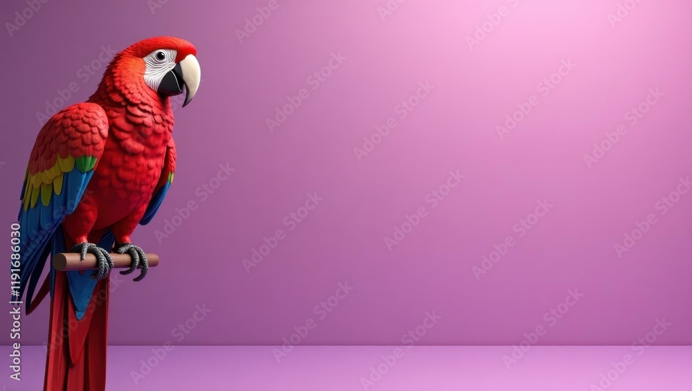 Poster scarlet red macaw on left. soft red background. copy space for text, 3d render ai generated designer