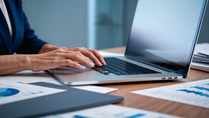 businesswoman hands, laptop keyboard, office