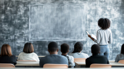 African female teacher instructing diverse classroom of young students in front of blackboard