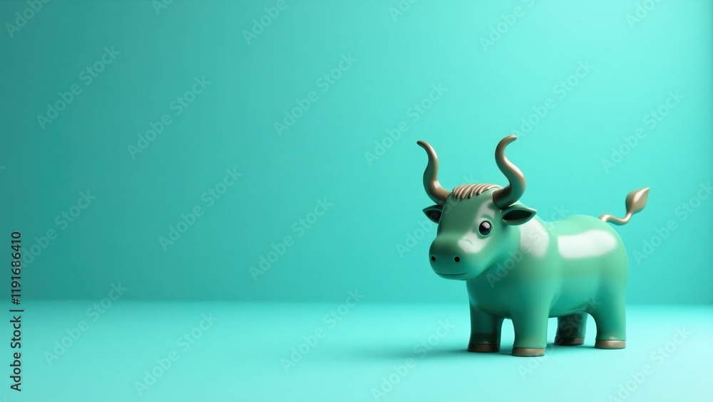 Poster jade green minotaur icon on right. soft blue background. copy space for text, 3d render ai generated