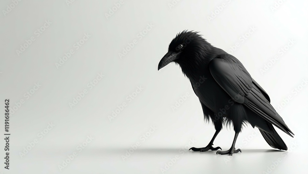 Poster obsidian black raven figure on right. soft pink background. copy space for text, 3d render ai genera