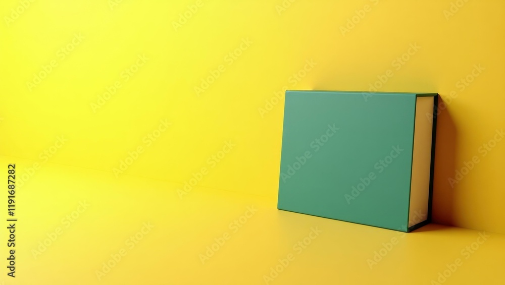 Poster rich teal philosopher's book on right. soft yellow background. copy space for text, 3d render ai gen