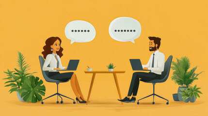 Fototapeta premium Two people sitting across from each other at a table, working on laptops, with speech bubbles above them, suggesting a conversation or meeting in a professional setting.