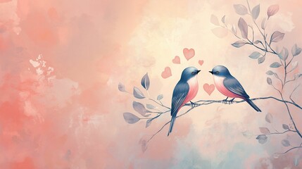 A 2D illustration of a pastel-colored background featuring intertwined hearts, lovebirds perched on a branch, and subtle floral patterns, perfect for Valentine’s Day themes