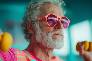 Man exercises with light dumbbells in a vibrant gym, focusing on fitness and health in a colorful environment