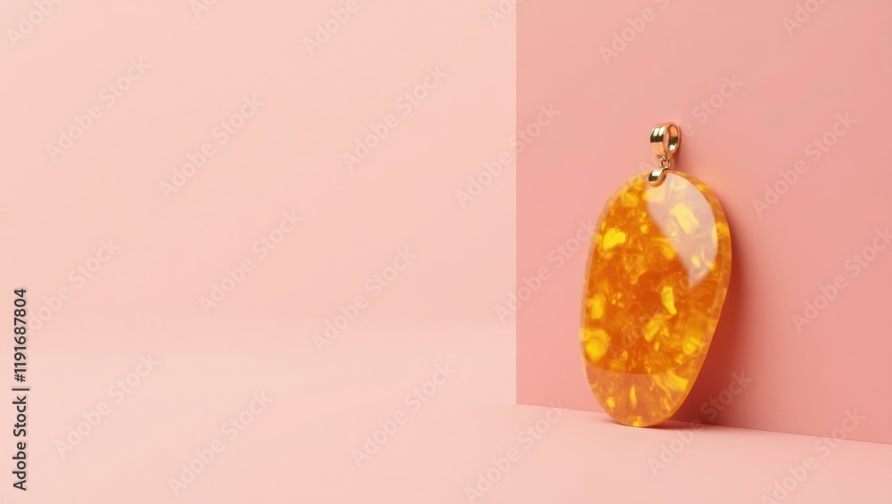 Poster amber saber tooth pendant on left. soft green background. copy space for text, 3d render ai generate