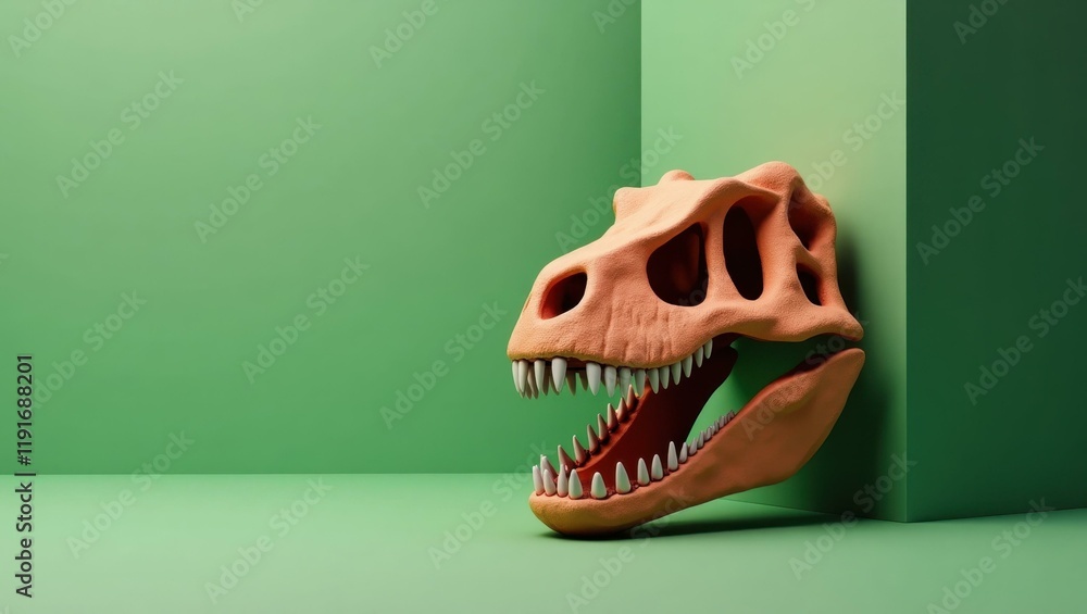 Poster sandstone t-rex skull on left. soft pink background. copy space for text, 3d render ai generated des