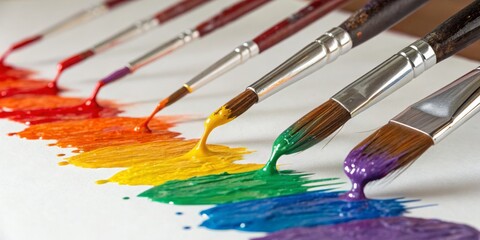 Obraz premium Vibrant colors flow from brushes creating a rainbow on a blank canvas in a bright studio