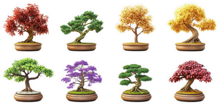 a collection of eight beautifully designed bonsai trees. each featuring distinct colors and styles. arranged in two rows the trees represent various species and seasonal appearances. highlighting the