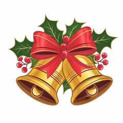 Two golden bells adorned with holly leaves, red berries, and red bows, symbolizing traditional Christmas decorations. Isolated on white background