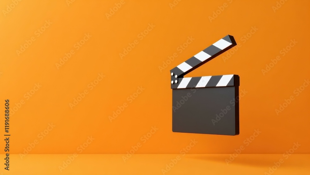 Poster clapperboard in checkered black and white on right. soft green background. copy space for text, 3d r