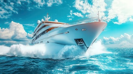 Fototapeta premium Luxury yacht on water, close-up of sleek design, waves crashing against the sides, vibrant blue sky