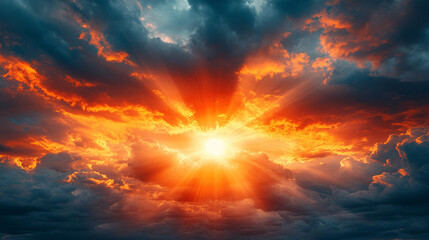 Fototapeta premium Vivid sun rays pierce through ominous storm clouds, bringing light to darkness, symbolizing hope, resilience, and the triumph of positivity over chaos with a blurred tone and a bright backdrop