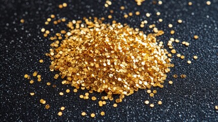 Shimmering golden glitter scattered on black surface