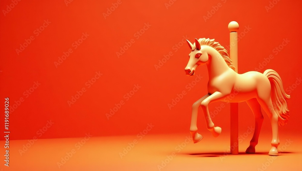 Poster tangerine carousel horse on right. soft red background. copy space for text, 3d render ai generated 