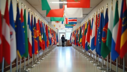 World Flags. International flags colorful hallway diversity global uni