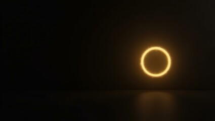 Neon Circle. Golden glowing neon ring on black reflective surface, min