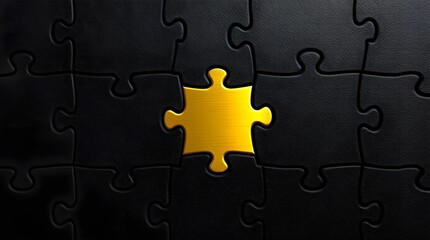 a puzzle with dark black textured pieces as a background and a single golden metallic piece in the center, space for copy