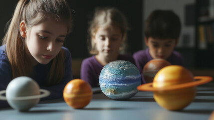 Fototapeta premium Three children are looking at a model of the solar system