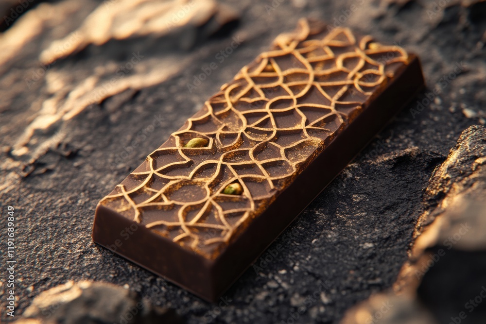 Poster indulging in a pistachio filled chocolate bar with intricate arabesque design and golden accents. ge