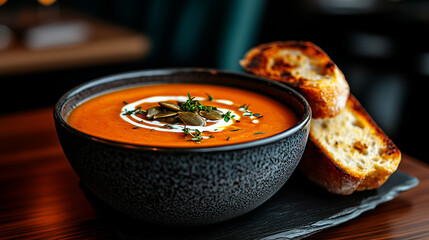 Comforting bowl of butternut squash soup with fresh herbs and toasted bread served in a warm setting