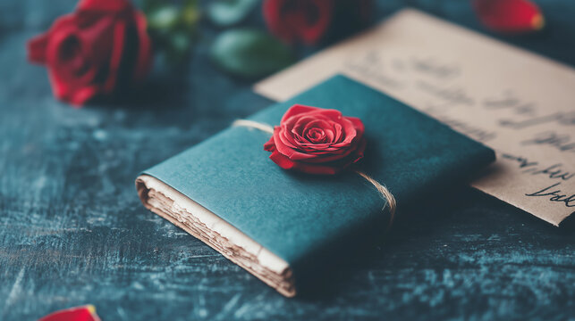 Handwritten love letter beautifully displayed with a red rose on a rustic table, evoking romance and nostalgia