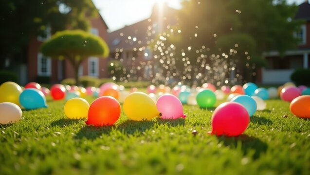 Lawn dotted with deflated balloons illustrating epic water fight in progress, Professional stock photo, AI generated photograph