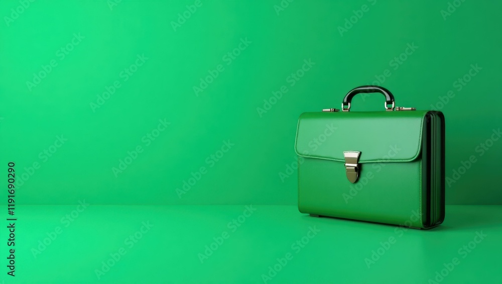 Poster emerald green briefcase on right. soft black background. copy space for text, 3d render ai generated