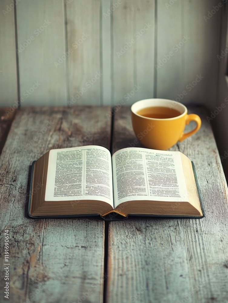 Aufkleber open book resting on a cozy wooden table with a warm cup of tea nearby for a relaxing reading moment
