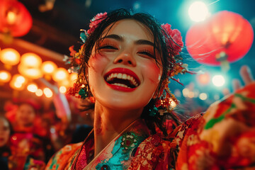 Cosplayers celebrate traditional culture at vibrant festival filled with lights and joyful expressions