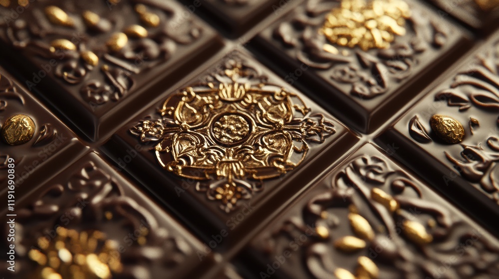 Poster delicious chocolate bar adorned with arabesque patterns and golden highlights, filled with pistachio