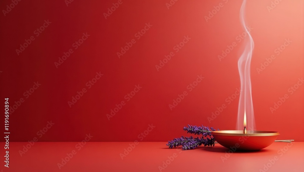Poster lavender incense burner on right. soft red background. copy space for text, 3d render ai generated d