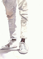 Watercolor artwork features a pair of legs adorned in light-colored jeans and sneakers, set against a muted background