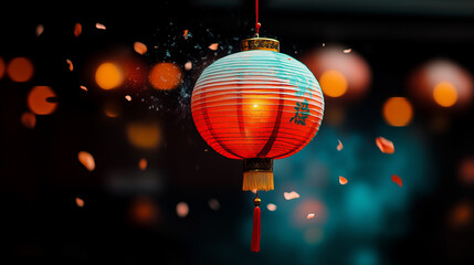 Fototapeta premium Chinese New Year celebration featuring a glowing lantern amidst vibrant decorations and falling petals