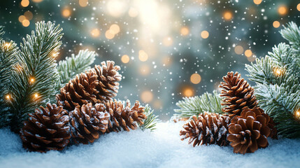 A serene winter landscape with sparkling snow, delicate pine tree branches, pine cones, and soft glittering lights in the background, creating a peaceful, festive atmosphere for the holiday season

