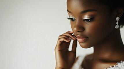 Bride adjusts her elegant earring in bright, dreamy setting before her special day