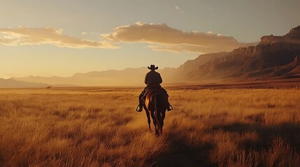 Cowboy Rides Horse Across Golden Prairie Sunset
