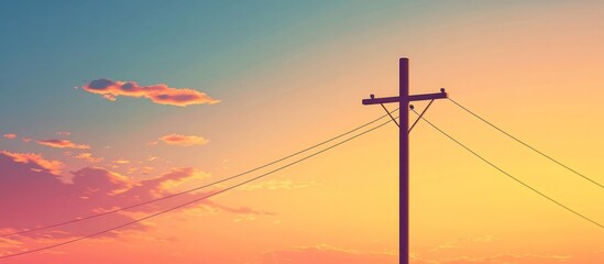 Obraz premium Dramatic sunset sky with silhouetted electric utility pole and transmission lines set against a glowing orange and pink horizon The serene
