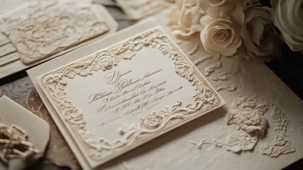 Fototapeta premium Elegant vintage-inspired wedding invitation with ornate calligraphy and gold accents in soft cream hues