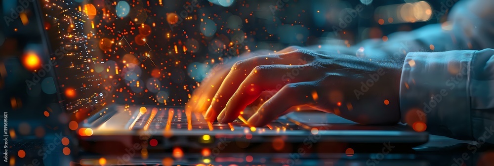 Poster hands typing on laptop keyboard in dark environment with magical orange bokeh light effects and spar