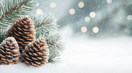 A serene winter landscape with sparkling snow, delicate pine tree branches, pine cones, and soft glittering lights in the background, creating a peaceful, festive atmosphere for the holiday season

