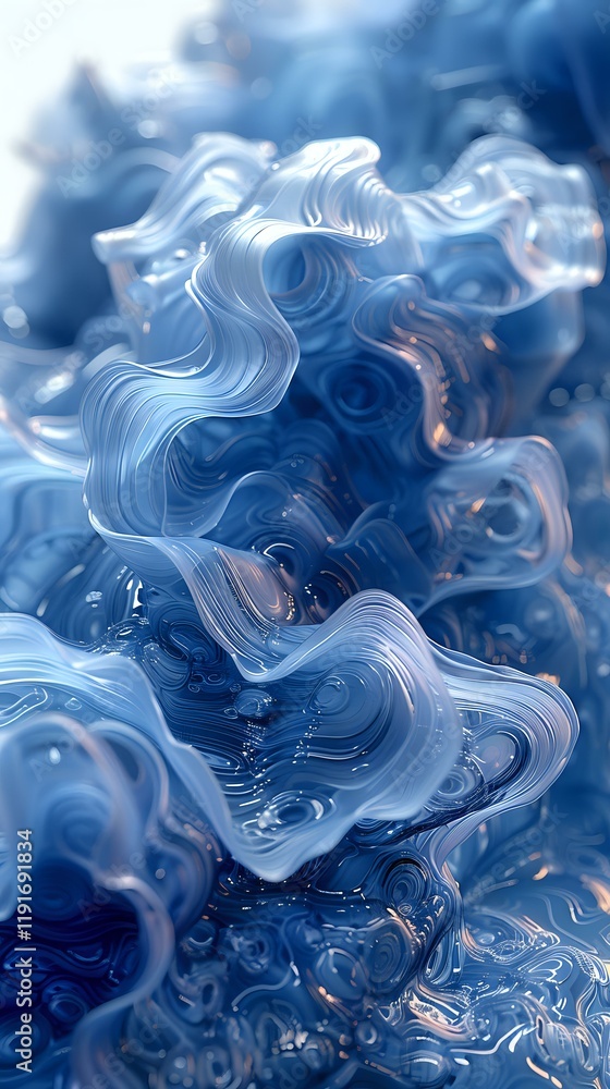 Poster abstract fluid art in ethereal blue tones with swirling patterns and translucent waves creating a dr