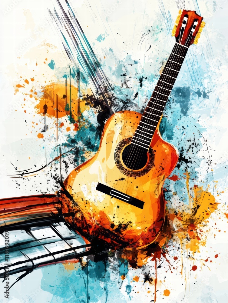 Poster Creative explosion of musical instruments with guitars and piano notes capturing artistic energy and inspiration in a colorful array. Generative AI